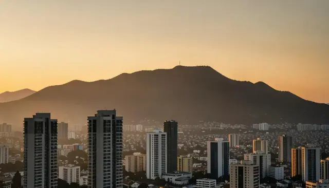 Skyline de torres residenciales de Caracas al atardecer con la silueta del cerro El Ávila al fondo