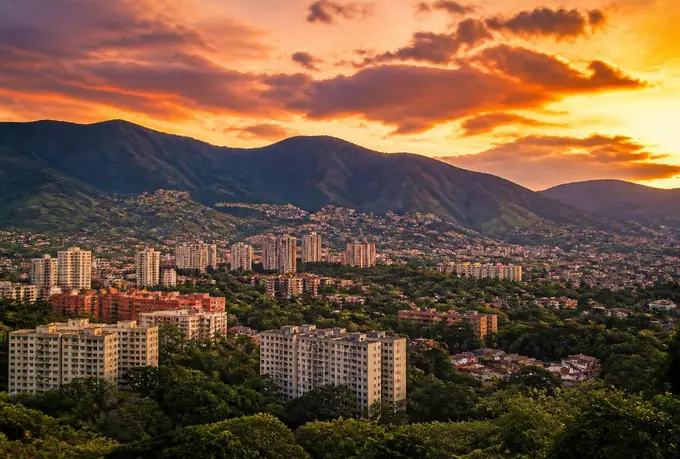 Vista panorámica de Guarenas, Estado Miranda, con conjuntos residenciales y urbanizaciones extendiéndose por el valle y la cordillera de la costa al fondo bajo un cielo dorado de atardecer