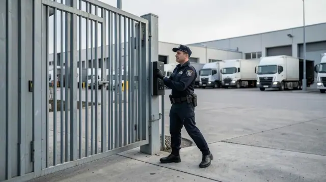 Vigilante controlando el acceso vehicular de una sede industrial